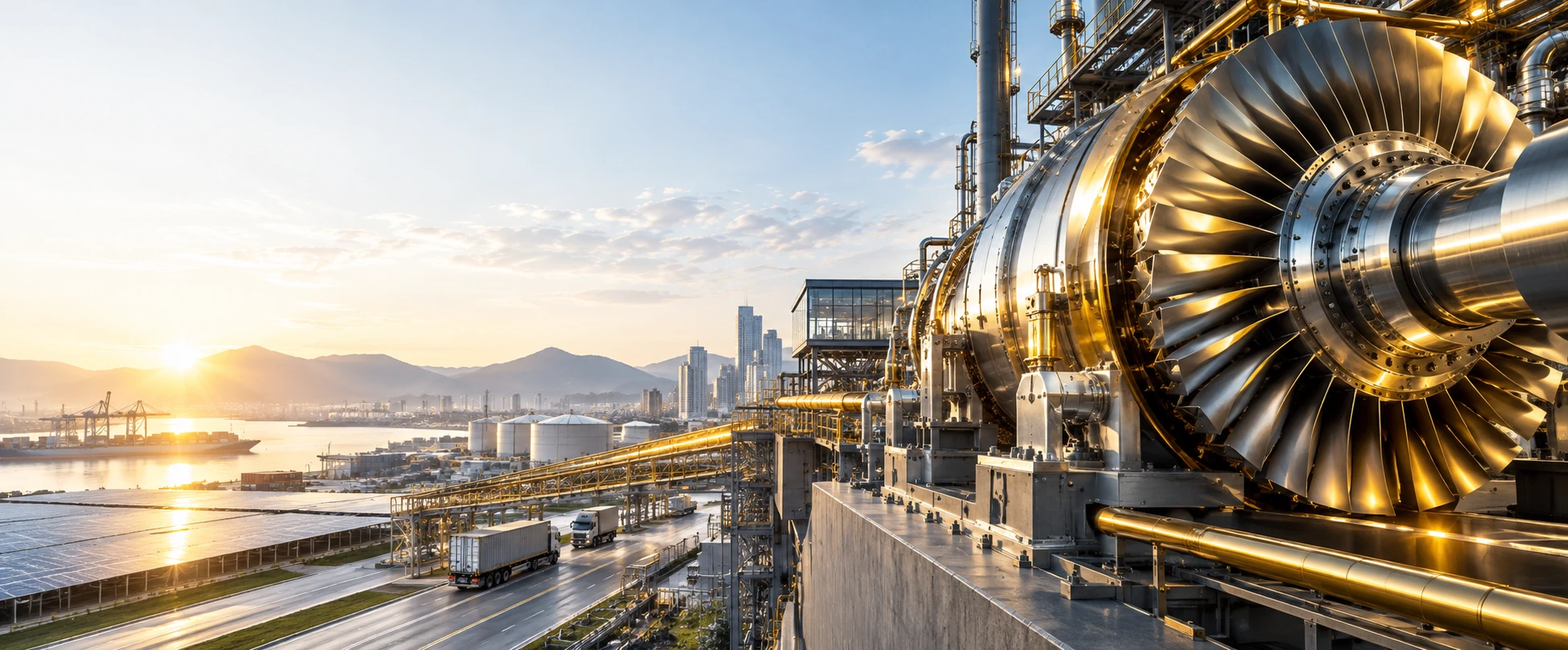 A large power turbine connected to industrial infrastructure, transport, a port and a city in daylight